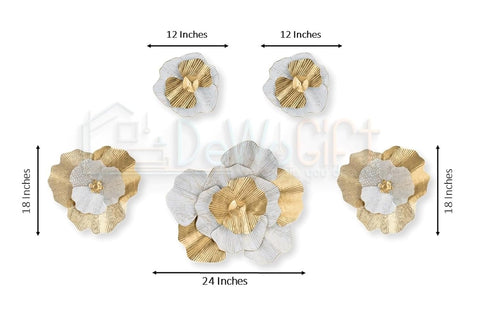 Gold & White Flowers Set Of 5 Metal Floral Wall Decor