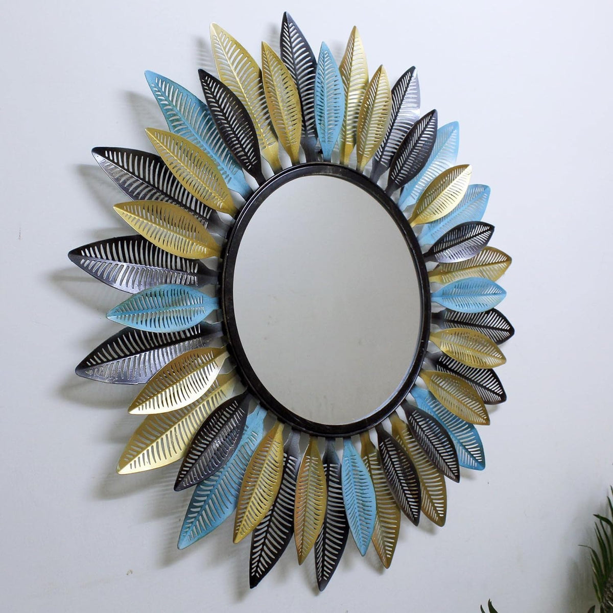 Multi Color Metal Bamboo Leaves Wall Mirror