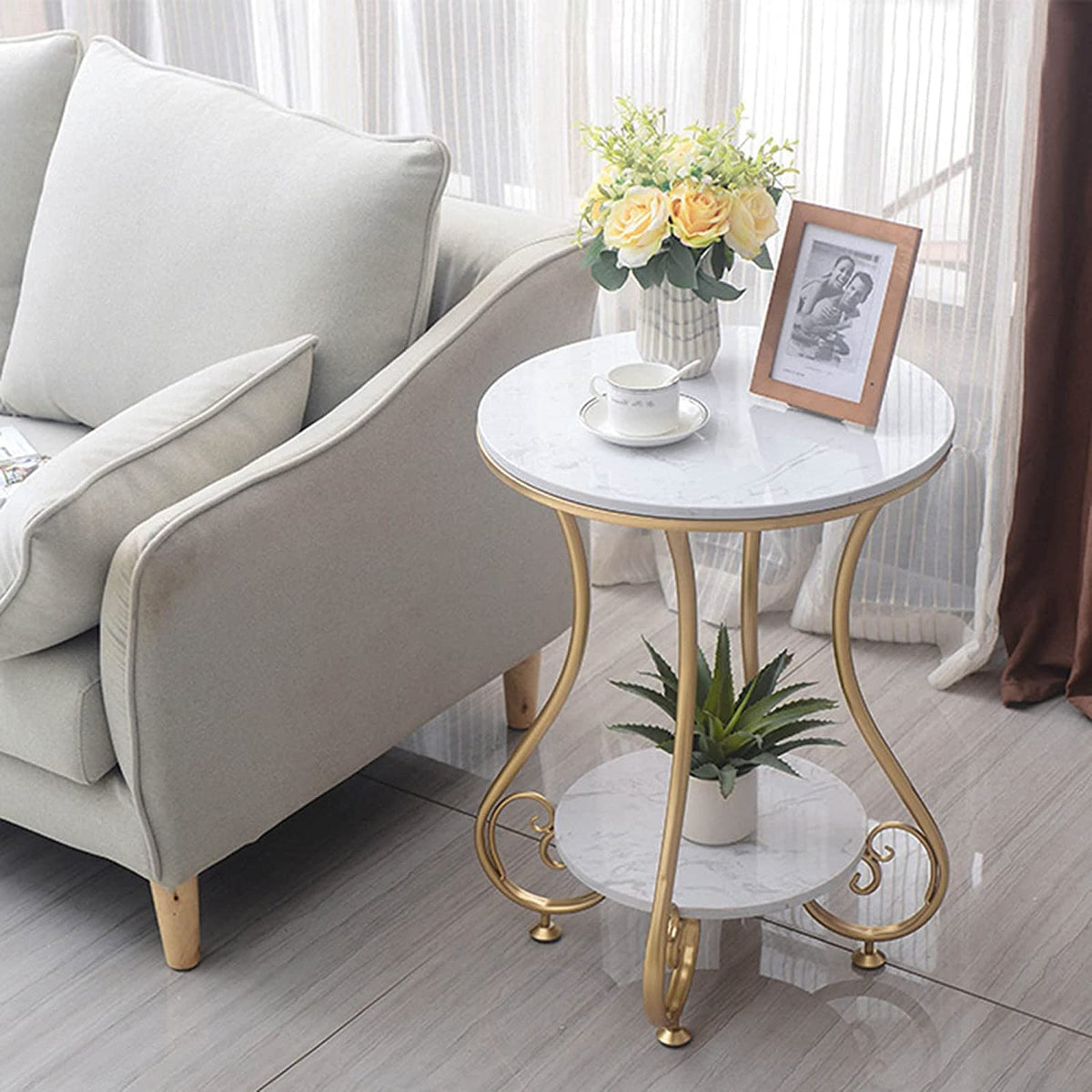 Cultured Two-Tier Marble top Metal Side Table