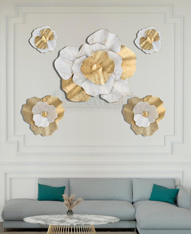 Gold & White Flowers Set Of 5 Metal Floral Wall Decor