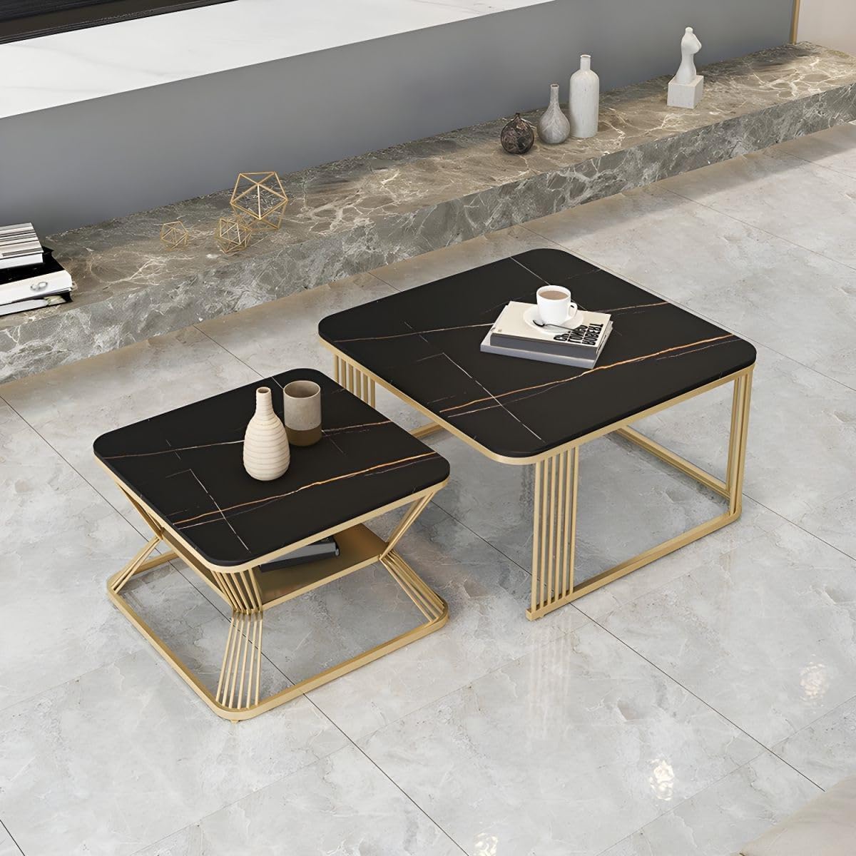 Pandora Square Black Marble Nesting Table Set