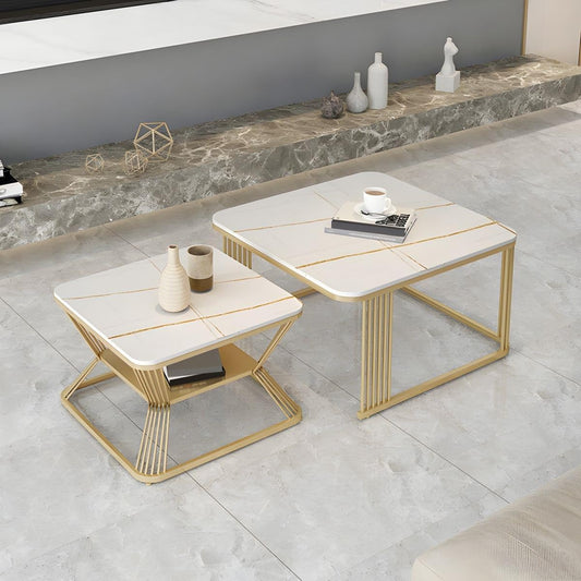 Pandora Square White Marble Nesting Table Set