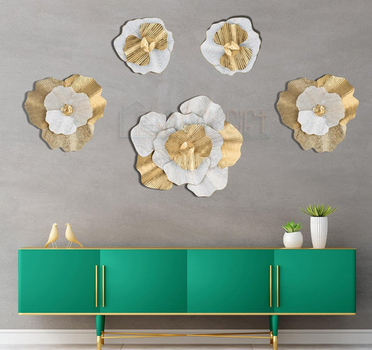 Gold & White Flowers Set Of 5 Metal Floral Wall Decor