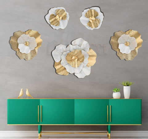 Gold & White Flowers Set Of 5 Metal Floral Wall Decor