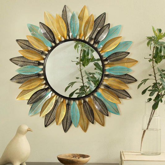 Multi Color Metal Bamboo Leaves Wall Mirror