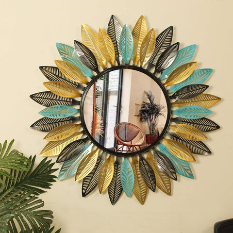 Multi Color Metal Bamboo Leaves Wall Mirror