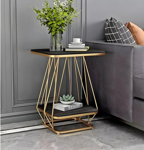 Elegant Square Two-Tier Black Marble Side Table