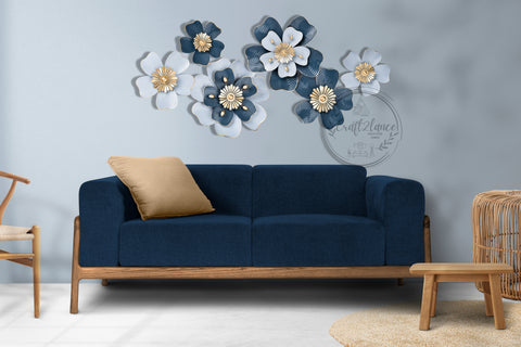 Floral Blue & Silver Multi Flowers Metal Wall Art