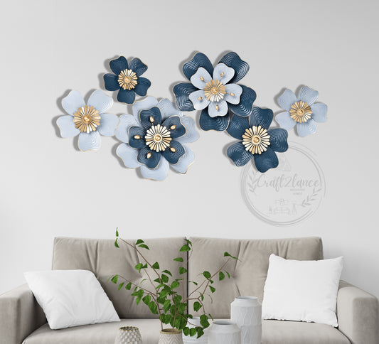 Floral Blue & Silver Multi Flowers Metal Wall Art