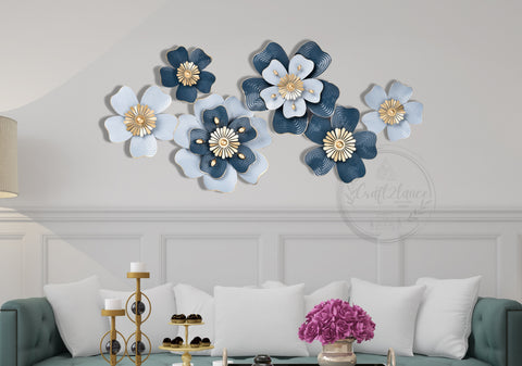 Floral Blue & Silver Multi Flowers Metal Wall Art