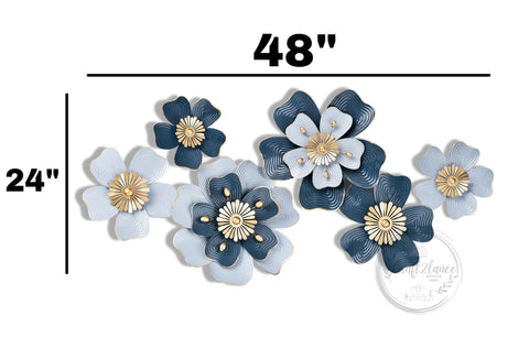 Floral Blue & Silver Multi Flowers Metal Wall Art