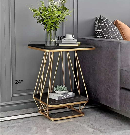 Elegant Square Two-Tier Black Marble Side Table